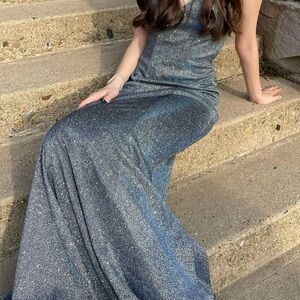Blush Size 0 Sparkly Prom Dress – Shimmer Gray/Blue Open Back Formal Gown